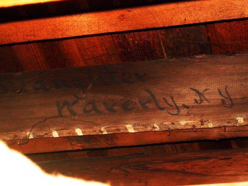 ceiling under cottage suite with S. W. Slaughter Waverly, NY written on